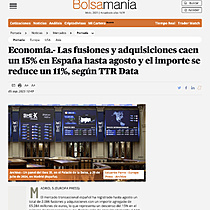 Economa.- Las fusiones y adquisiciones caen un 15% en Espaa hasta agosto y el importe se reduce un 11%, segn TTR Data